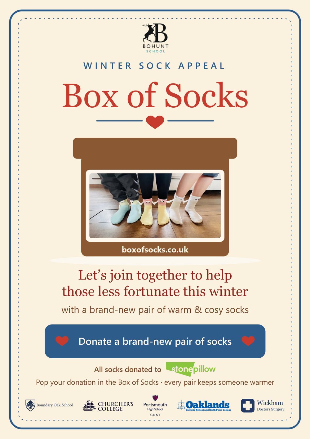 The Box of Socks winter sock appeal poster for Bohunt School, with the logos of Boundary Oak School, Churcher’s College, Portsmouth High School, Oaklands Catholic School and Wickham Doctors Surgery