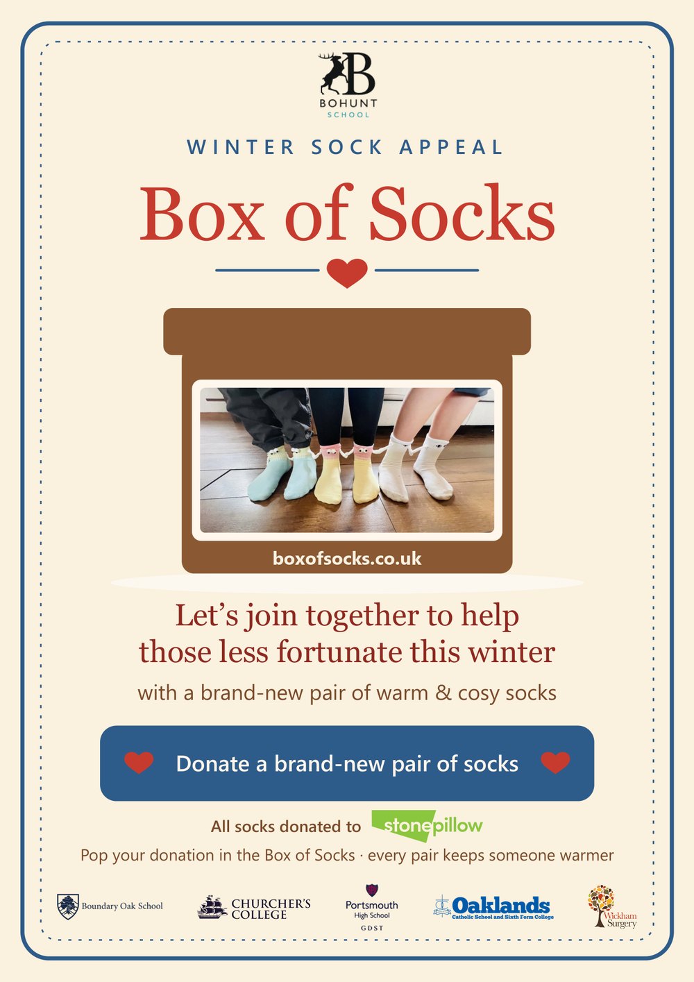 The Box of Socks winter sock appeal poster for Bohunt School, with the logos of Boundary Oak School, Churcher’s College, Portsmouth High School, Oaklands Catholic School and Wickham Surgery