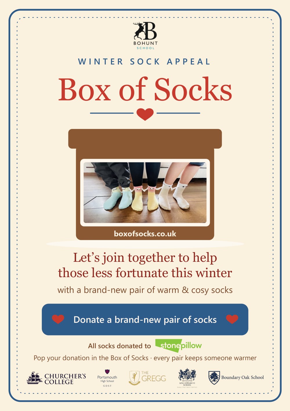 The Box of Socks winter sock appeal poster for Bohunt School, with the logos of all six schools taking part